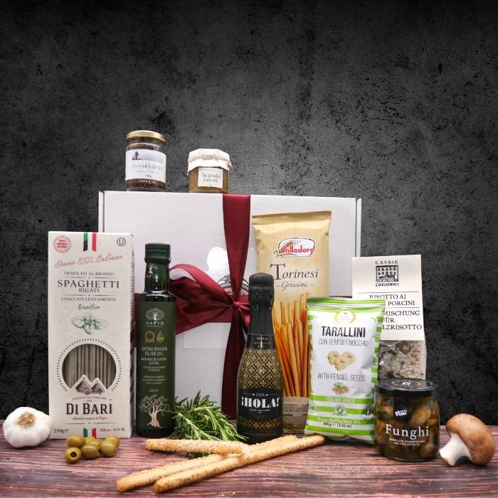 italienischer Abend - Geschenkkorb verschicken- Geschenkbox- Präsentkorb- Präsentbox- Ideal für Mitarbeiter Italienischer Abend - Präsentkorb mit Pasta, Risotto und Sekt – Bild 1